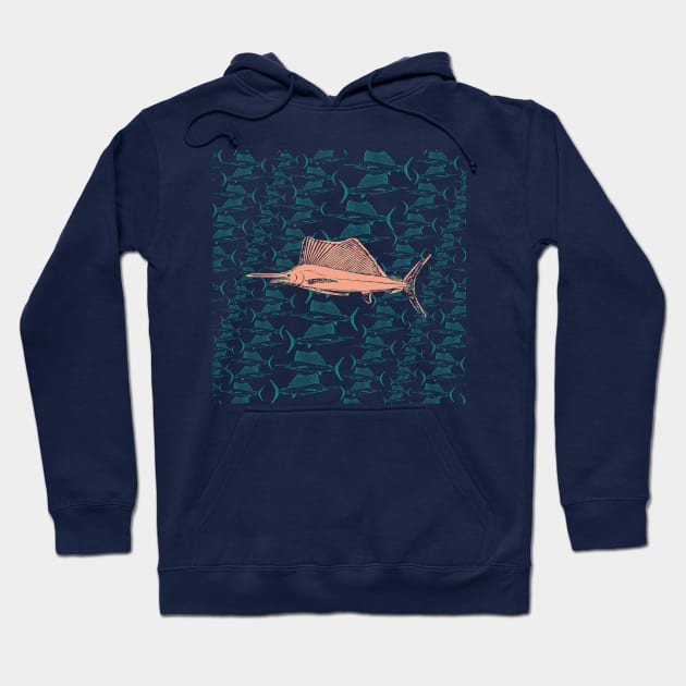 Swordfish Peach Green Dark Blue Default Background Fishing Pattern Hoodie by pelagio